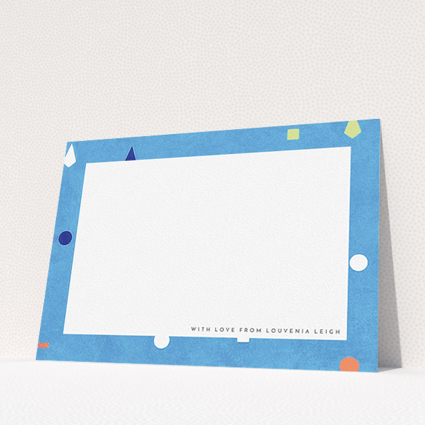 A ladies personalised note card design called "Capri". It is an A5 card in a landscape orientation. "Capri" is available as a flat card, with tones of light blue and orange.