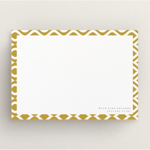 Personalised Note Card Design for Women - "Classic whirl" A ladies personalised note card called "Classic whirl". It is an A5 card in a landscape orientation. "Classic whirl" is available as a flat card, with tones of gold and white.