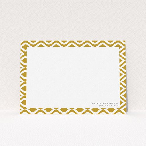 A ladies personalised note card called "Classic whirl". It is an A5 card in a landscape orientation. "Classic whirl" is available as a flat card, with tones of gold and white.