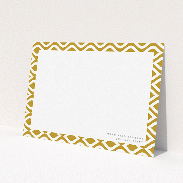 A ladies personalised note card called 'Classic whirl'. It is an A5 card in a landscape orientation. 'Classic whirl' is available as a flat card, with tones of gold and white.