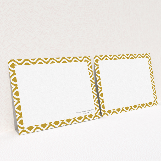 A ladies personalised note card called "Classic whirl". It is an A5 card in a landscape orientation. "Classic whirl" is available as a flat card, with tones of gold and white.