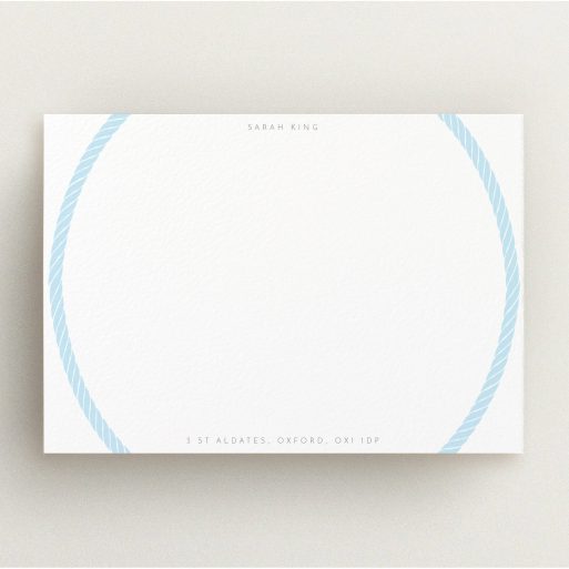 Personalised Note Card Design for Women - "Come full circle" A ladies personalised note card design named "Come full circle". It is an A5 card in a landscape orientation. "Come full circle" is available as a flat card, with tones of blue and white.