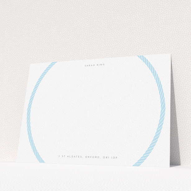 A ladies personalised note card design named "Come full circle". It is an A5 card in a landscape orientation. "Come full circle" is available as a flat card, with tones of blue and white.