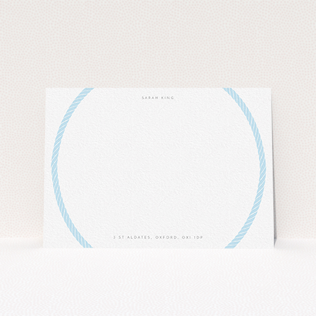A ladies personalised note card design named "Come full circle". It is an A6 card in a landscape orientation. "Come full circle" is available as a flat card, with tones of blue and white.
