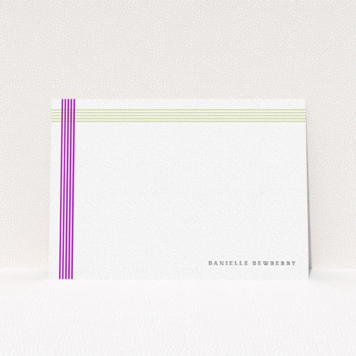 A ladies personalised note card template titled "Crossing Paths". It is an A6 card in a landscape orientation. "Crossing Paths" is available as a flat card, with tones of yellow and purple.