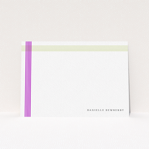 A ladies personalised note card template titled "Crossing Paths". It is an A6 card in a landscape orientation. "Crossing Paths" is available as a flat card, with tones of yellow and purple.