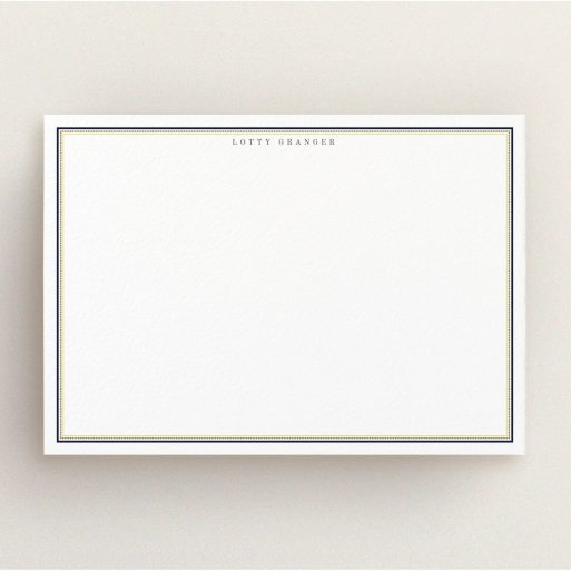 Personalised Note Card Design for Women - "Decorative order" A ladies personalised note card called "Decorative order". It is an A5 card in a landscape orientation. "Decorative order" is available as a flat card, with tones of gold and white.