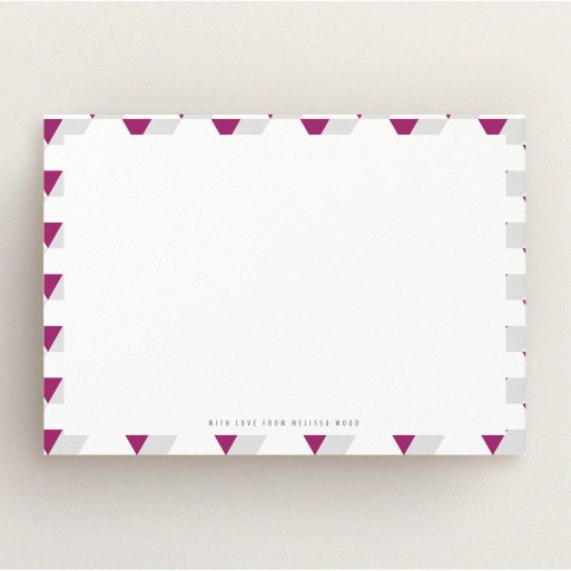 Personalised Note Card Design for Women - "Dimensions of colour" A ladies personalised note card named "Dimensions of colour". It is an A5 card in a landscape orientation. "Dimensions of colour" is available as a flat card, with mainly purple/dark pink colouring.