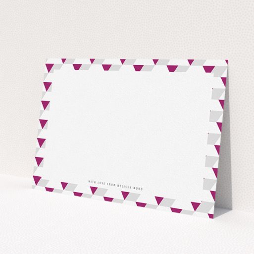 A ladies personalised note card named 'Dimensions of colour'. It is an A5 card in a landscape orientation. 'Dimensions of colour' is available as a flat card, with mainly purple/dark pink colouring.