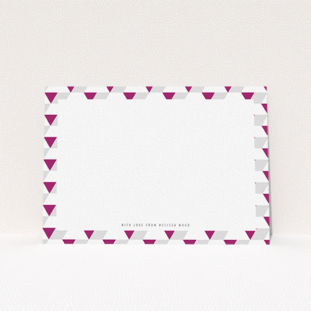 A ladies personalised note card design named "Dimensions of colour". It is an A6 card in a landscape orientation. "Dimensions of colour" is available as a flat card, with mainly purple/dark pink colouring.
