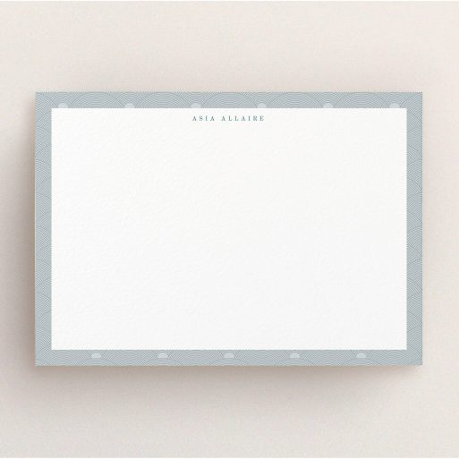 Personalised Note Card Design for Women - "Discs at dawn" A ladies personalised note card design titled "Discs at dawn". It is an A5 card in a landscape orientation. "Discs at dawn" is available as a flat card, with tones of grey and blue.
