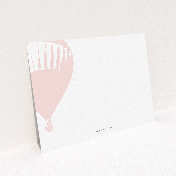 A ladies personalised note card design titled "Drifting away". It is an A5 card in a landscape orientation. "Drifting away" is available as a flat card, with tones of pink and white.