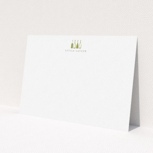 A ladies personalised note card design named 'Drinking for four'. It is an A5 card in a landscape orientation. 'Drinking for four' is available as a flat card, with tones of white and Dark gold.