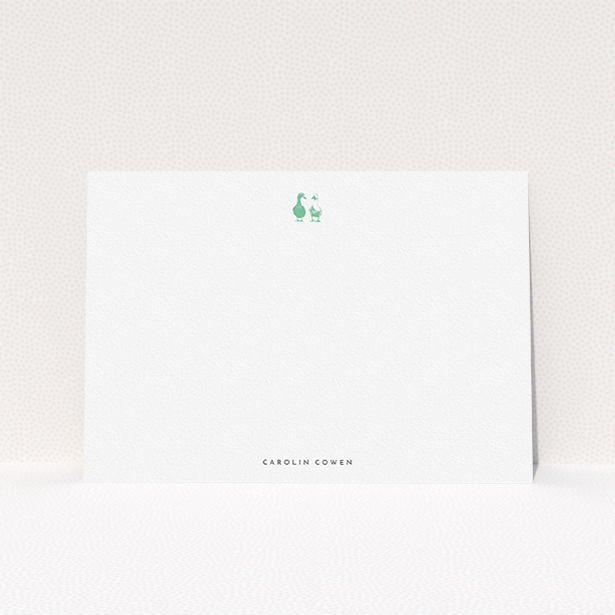 A ladies personalised note card called "Duck with duck". It is an A5 card in a landscape orientation. "Duck with duck" is available as a flat card, with tones of white and green.