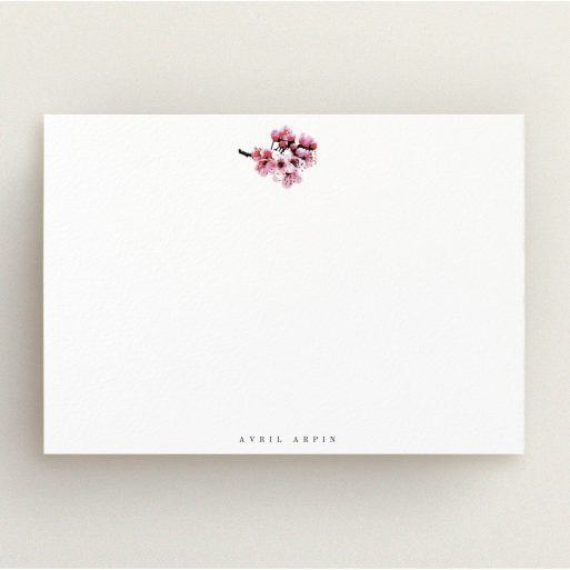 Personalised Note Card Design for Women - "End of the blossom " A ladies personalised note card design named "End of the blossom ". It is an A5 card in a landscape orientation. "End of the blossom " is available as a flat card, with mainly white colouring.