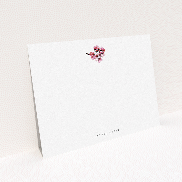 A ladies personalised note card design named "End of the blossom ". It is an A5 card in a landscape orientation. "End of the blossom " is available as a flat card, with mainly white colouring.