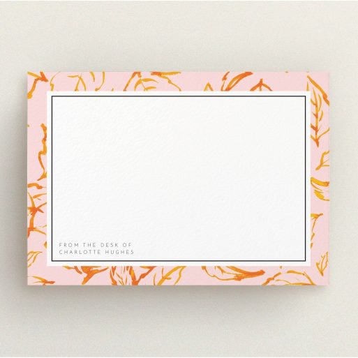 Personalised Note Card Design for Women - "Foliage" A ladies personalised note card called "Foliage". It is an A5 card in a landscape orientation. "Foliage" is available as a flat card, with tones of pink and orange.