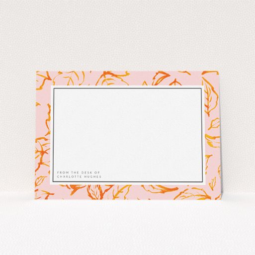 A ladies personalised note card called "Foliage". It is an A5 card in a landscape orientation. "Foliage" is available as a flat card, with tones of pink and orange.