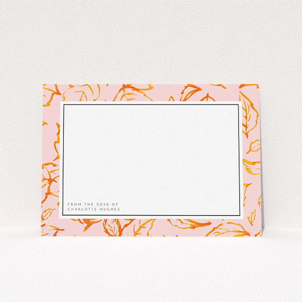 A ladies personalised note card called "Foliage". It is an A5 card in a landscape orientation. "Foliage" is available as a flat card, with tones of pink and orange.