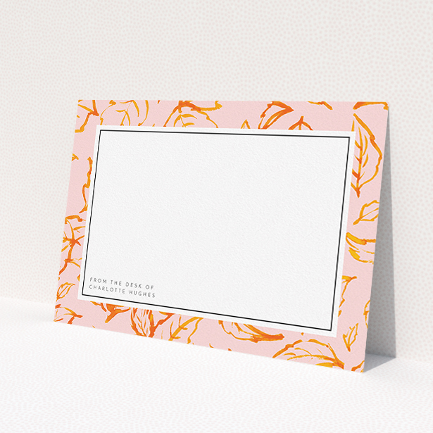 A ladies personalised note card called 'Foliage'. It is an A5 card in a landscape orientation. 'Foliage' is available as a flat card, with tones of pink and orange.