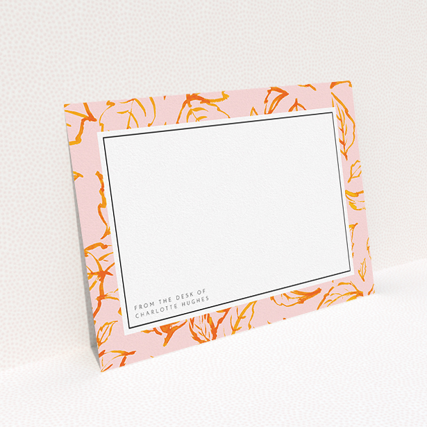 A ladies personalised note card called "Foliage". It is an A5 card in a landscape orientation. "Foliage" is available as a flat card, with tones of pink and orange.