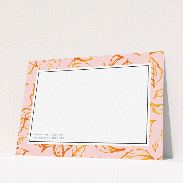 A ladies personalised note card called "Foliage". It is an A5 card in a landscape orientation. "Foliage" is available as a flat card, with tones of pink and orange.