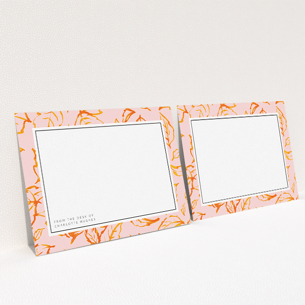 A ladies personalised note card called "Foliage". It is an A5 card in a landscape orientation. "Foliage" is available as a flat card, with tones of pink and orange.