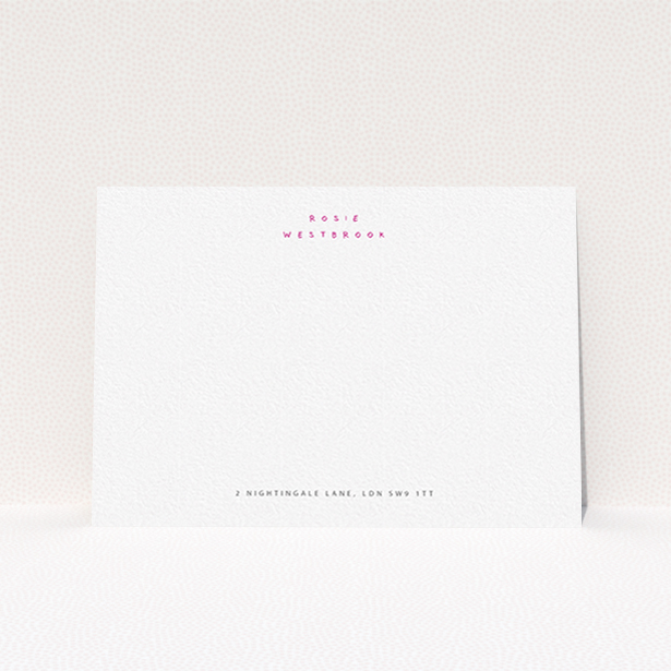 A ladies personalised note card named "Handwritten". It is an A6 card in a landscape orientation. "Handwritten" is available as a flat card, with tones of white and pink.