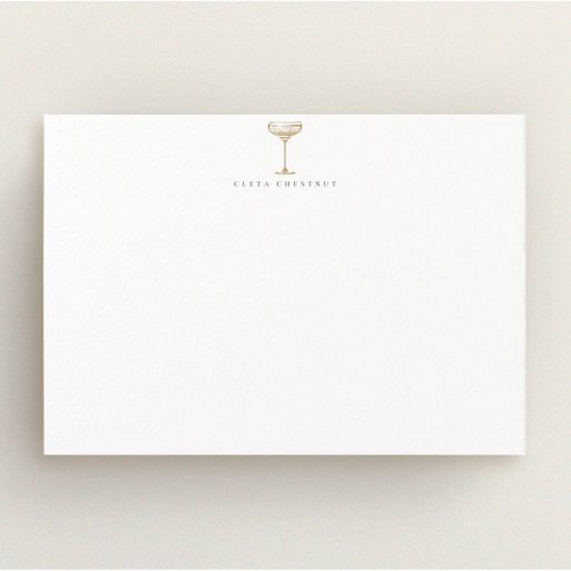 Personalised Note Card Design for Women - "In fashion" A ladies personalised note card called "In fashion". It is an A5 card in a landscape orientation. "In fashion" is available as a flat card, with tones of white and gold.