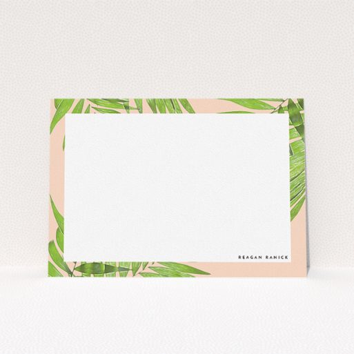 A ladies personalised note card design called "In the courtyard". It is an A5 card in a landscape orientation. "In the courtyard" is available as a flat card, with tones of green and pink.