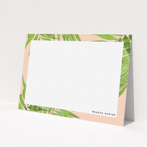 A ladies personalised note card design called 'In the courtyard'. It is an A5 card in a landscape orientation. 'In the courtyard' is available as a flat card, with tones of green and pink.