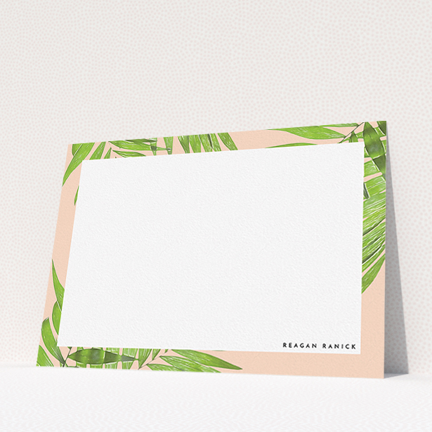 A ladies personalised note card design called "In the courtyard". It is an A5 card in a landscape orientation. "In the courtyard" is available as a flat card, with tones of green and pink.