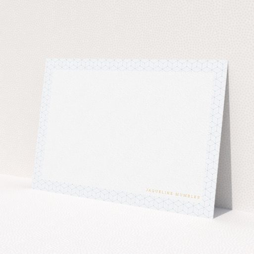 A ladies personalised note card called 'Isotropic'. It is an A5 card in a landscape orientation. 'Isotropic' is available as a flat card, with tones of blue and white.