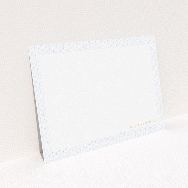 A ladies personalised note card called "Isotropic". It is an A5 card in a landscape orientation. "Isotropic" is available as a flat card, with tones of blue and white.