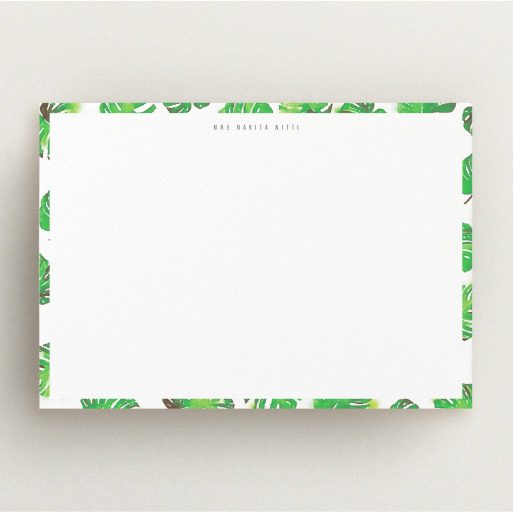 Personalised Note Card Design for Women - "Jungle Sky" A ladies personalised note card design named "Jungle Sky". It is an A5 card in a landscape orientation. "Jungle Sky" is available as a flat card, with tones of green and white.