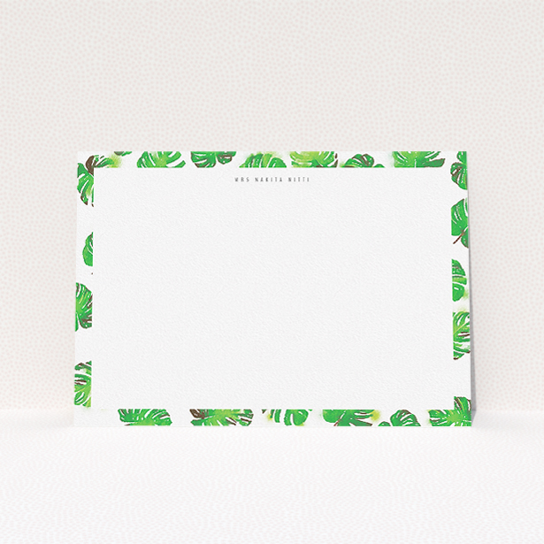 A ladies personalised note card design named "Jungle Sky". It is an A5 card in a landscape orientation. "Jungle Sky" is available as a flat card, with tones of green and white.