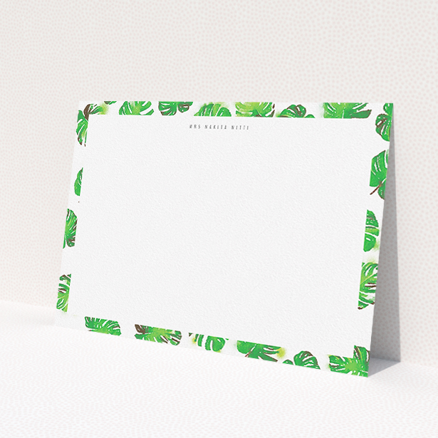 A ladies personalised note card design named "Jungle Sky". It is an A5 card in a landscape orientation. "Jungle Sky" is available as a flat card, with tones of green and white.