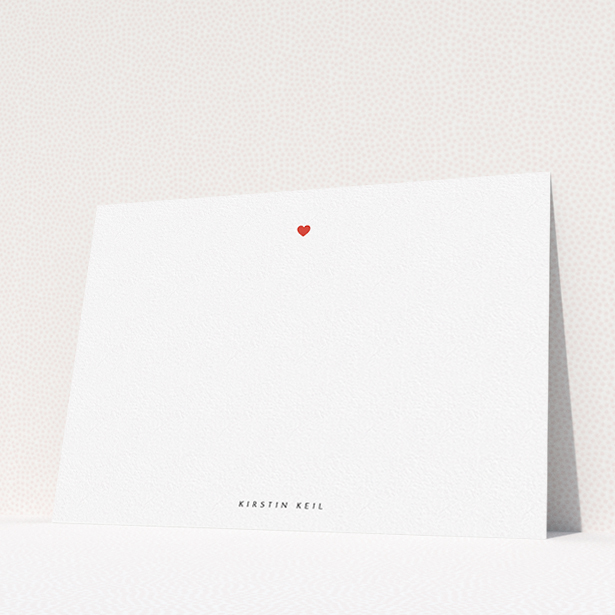 A ladies personalised note card called "Just one heart". It is an A5 card in a landscape orientation. "Just one heart" is available as a flat card, with tones of white and red.