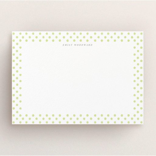 Personalised Note Card Design for Women - "Last-minute polkadots" A ladies personalised note card template titled "Last-minute polkadots". It is an A5 card in a landscape orientation. "Last-minute polkadots" is available as a flat card, with tones of gold and white.