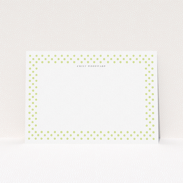 A ladies personalised note card template titled "Last-minute polkadots". It is an A5 card in a landscape orientation. "Last-minute polkadots" is available as a flat card, with tones of gold and white.