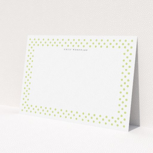 A ladies personalised note card template titled 'Last-minute polkadots'. It is an A5 card in a landscape orientation. 'Last-minute polkadots' is available as a flat card, with tones of gold and white.