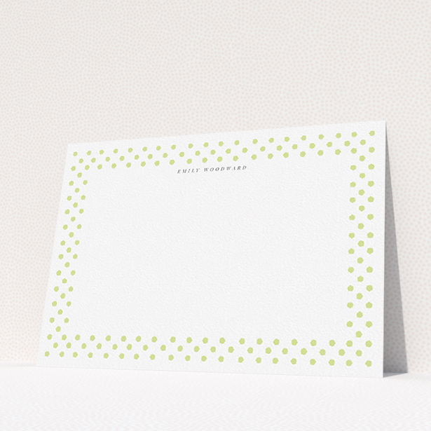 A ladies personalised note card template titled "Last-minute polkadots". It is an A5 card in a landscape orientation. "Last-minute polkadots" is available as a flat card, with tones of gold and white.