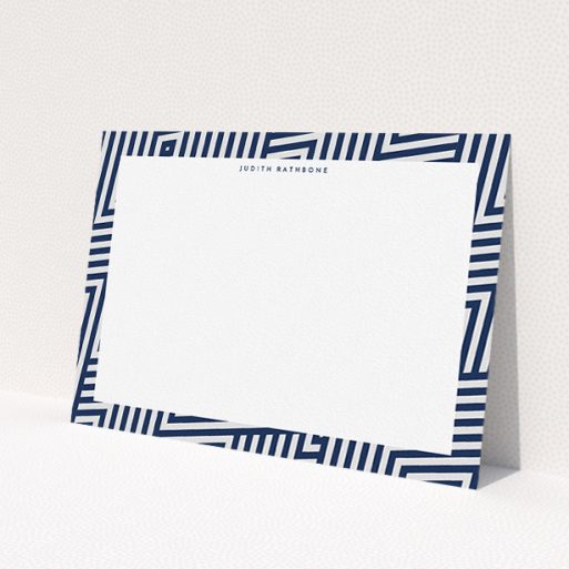A ladies personalised note card design called 'Line-up'. It is an A5 card in a landscape orientation. 'Line-up' is available as a flat card, with tones of blue and white.