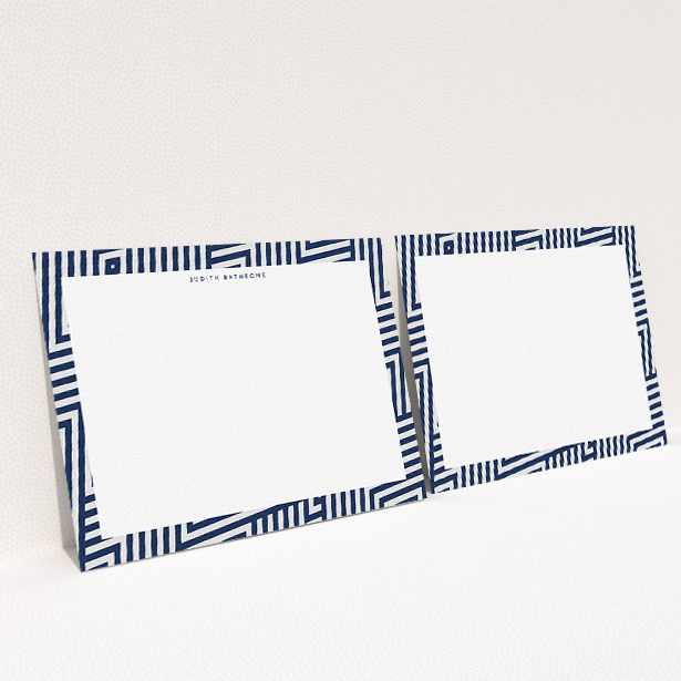 A ladies personalised note card design called "Line-up". It is an A5 card in a landscape orientation. "Line-up" is available as a flat card, with tones of blue and white.