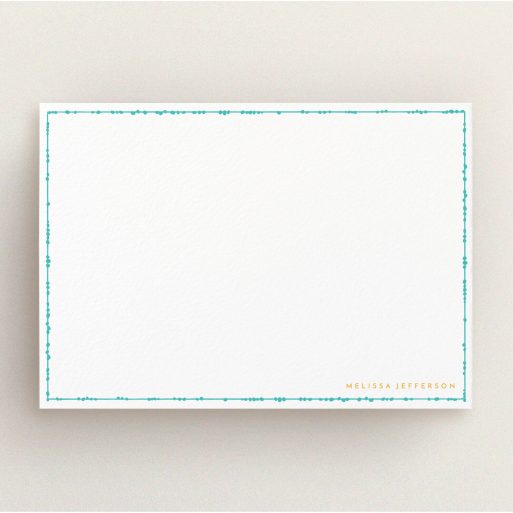 Personalised Note Card Design for Women - "Living border" A ladies personalised note card template titled "Living border". It is an A5 card in a landscape orientation. "Living border" is available as a flat card, with tones of white and orange.