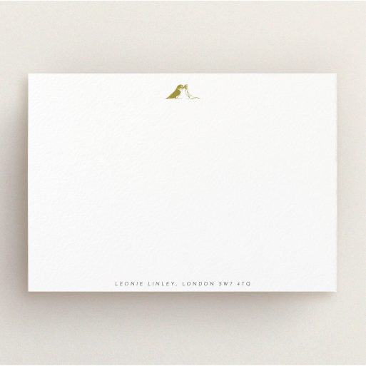 Personalised Note Card Design for Women - "Lovebirds" A ladies personalised note card design titled "Lovebirds". It is an A5 card in a landscape orientation. "Lovebirds" is available as a flat card, with tones of white and gold.