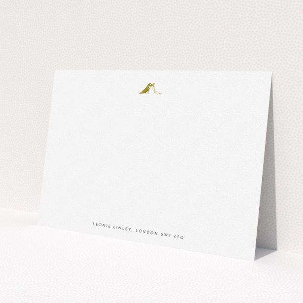A ladies personalised note card design titled "Lovebirds". It is an A5 card in a landscape orientation. "Lovebirds" is available as a flat card, with tones of white and gold.