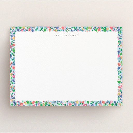 Personalised Note Card Design for Women - "Midsummer bloom" A ladies personalised note card template titled "Midsummer bloom". It is an A5 card in a landscape orientation. "Midsummer bloom" is available as a flat card, with mainly green colouring.