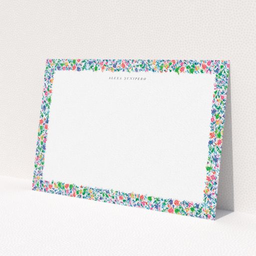 A ladies personalised note card template titled 'Midsummer bloom'. It is an A5 card in a landscape orientation. 'Midsummer bloom' is available as a flat card, with mainly green colouring.