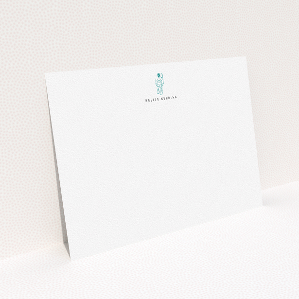 A ladies personalised note card design called "One small step". It is an A5 card in a landscape orientation. "One small step" is available as a flat card, with tones of white and green.